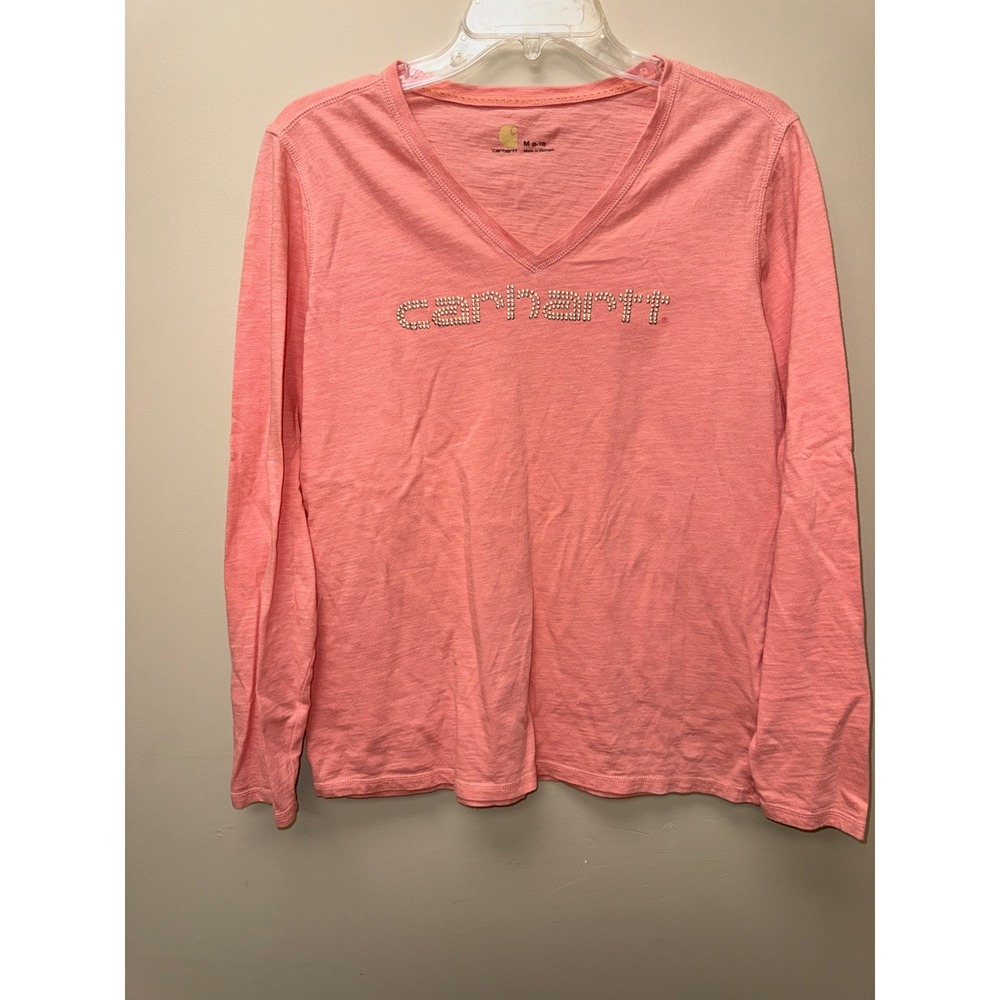 Carhartt Womens Pink Long Sleeve V-Neck Rhinestone Logo Slub Knit T-Shirt Size M